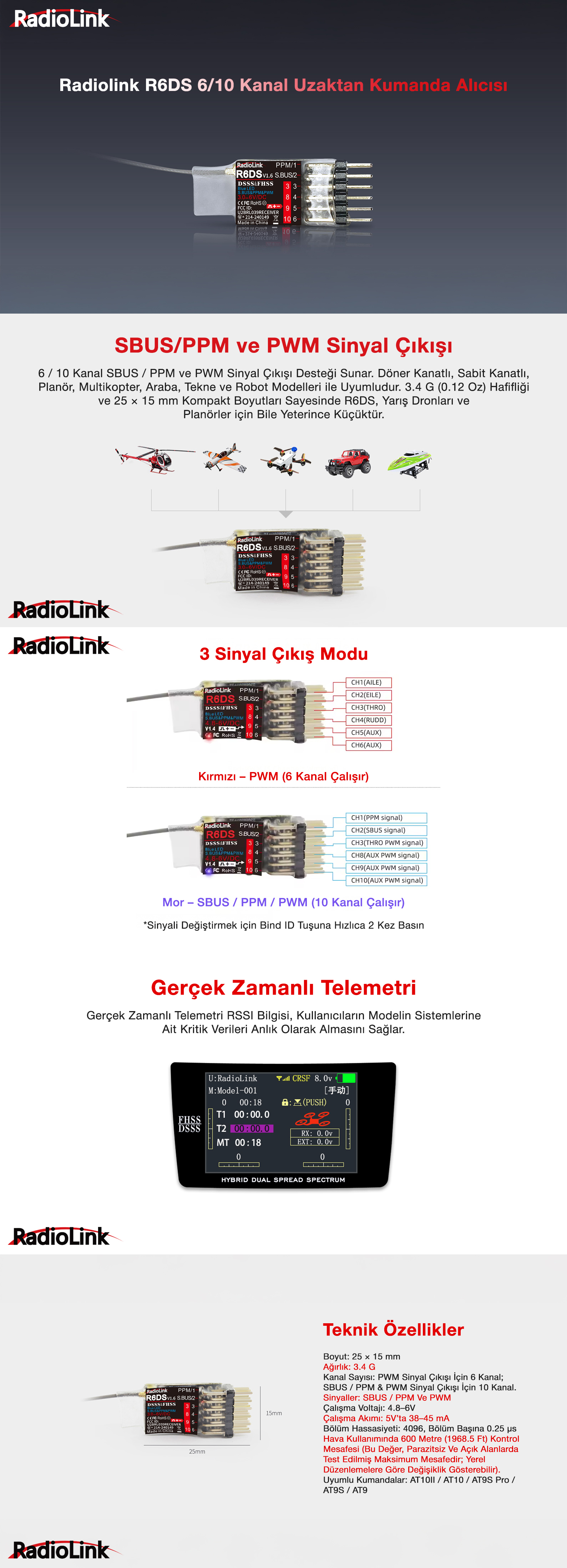 Radiolink R6DS 10 Kanal Uzaktan Kumanda Alıcısı Receiver PWM+PPM&S-BUS (AT9&AT9S&AT10&AT10II İle Uyumludur)