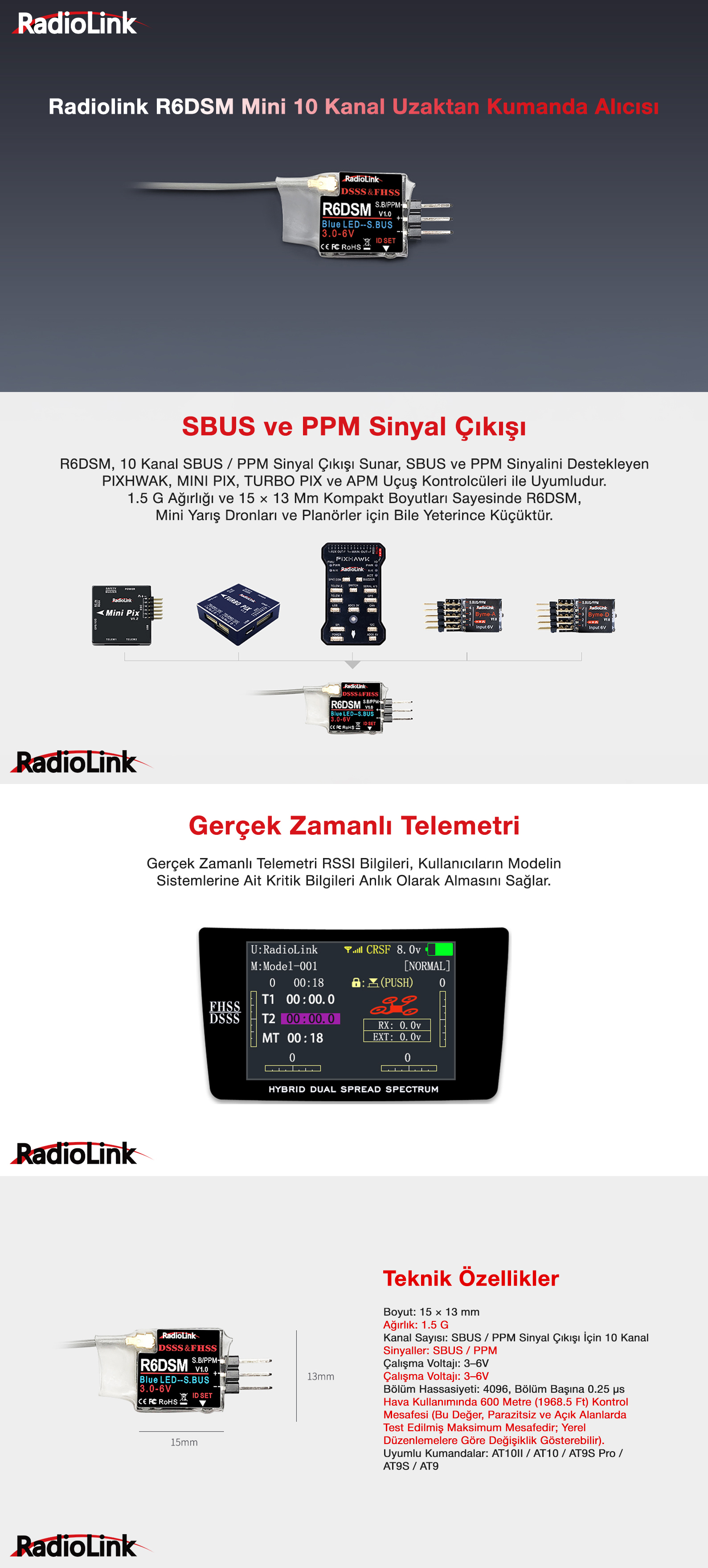 Radiolink R6DSM Mini 10 Kanal Uzaktan Kumanda Alıcısı Receiver w/PPM&S-BUS (AT9&AT9S&AT10&AT10II İle Uyumludur)