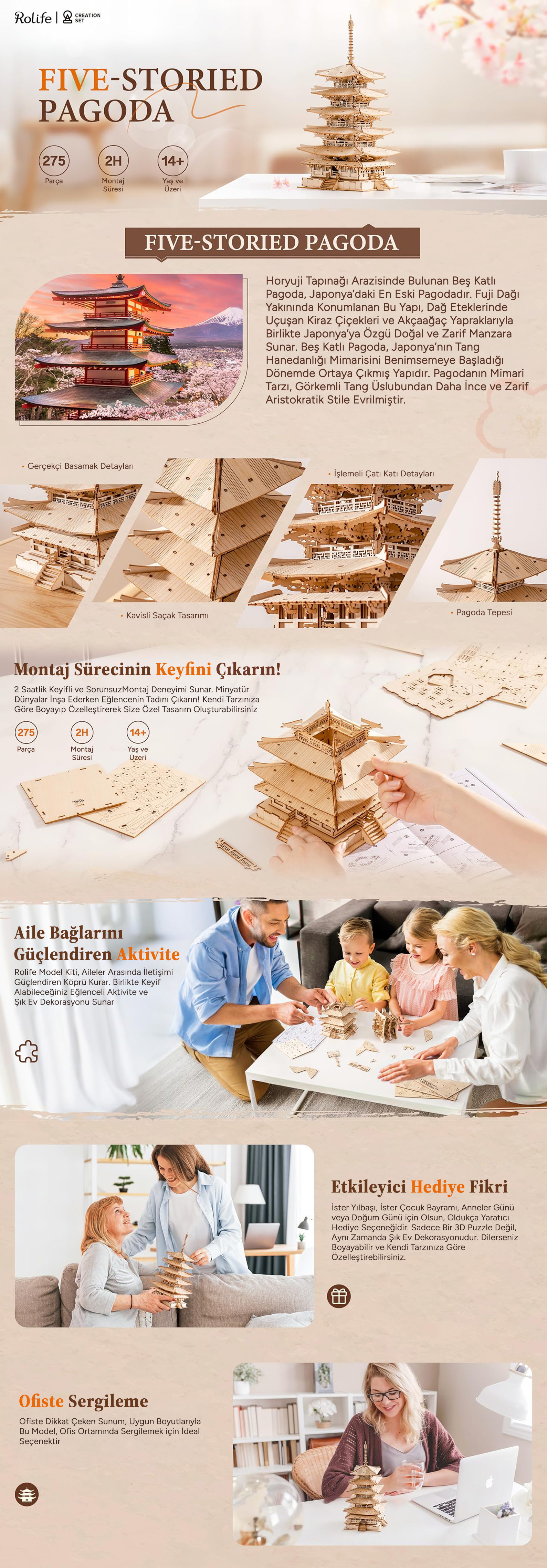 Rolife TGN02 Çok Katlı Kule Five-Storied Pagoda DIY Minyatür Maket Model Seti Ahşap 3D Wooden Puzzle 3D Model Kit Detaylı Dekoratif Hobi Seti Ahşap Maket